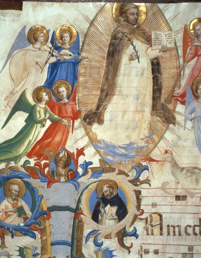 Ms 558 f.67v St. Dominikus, umgeben von musizierenden Engeln, Detail aus einem Missale von Fra Angelico